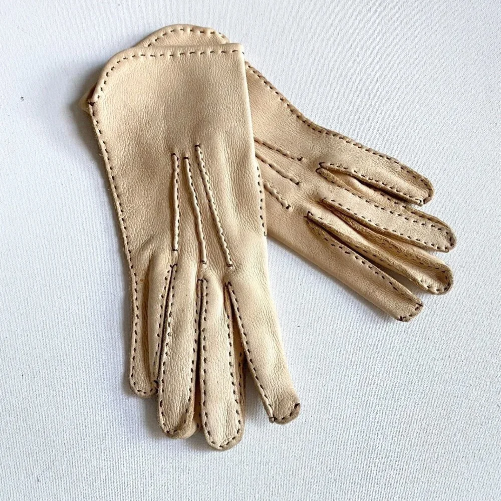 Vintage Light Camel Fine Deerskin Stitch Detail Gloves S